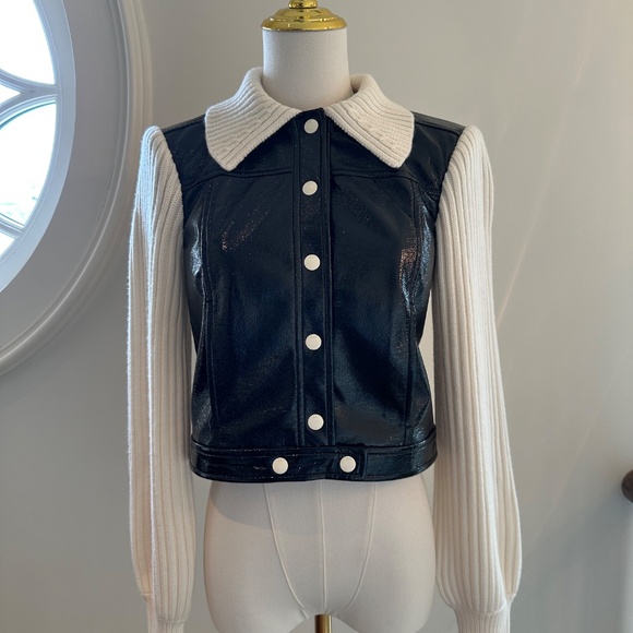 NEW WITH TAGS Cinq a Sept Knit Sleeve Ciara Jacket/XXS/XS Black& ivory - Picture 5 of 16